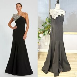 Mac Duggal Black One-Shoulder Maxi Dress with Silver Floral Accent